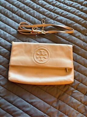 Tory Burch Pebbled Leather Fold-Over Crossbody - Light Taupe